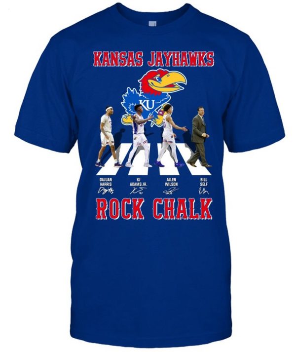 Kansas Jayhawks Dajuan Harris And KJ Adams Jr And Jalen Wilson And Bill Self Signature T-Shirt