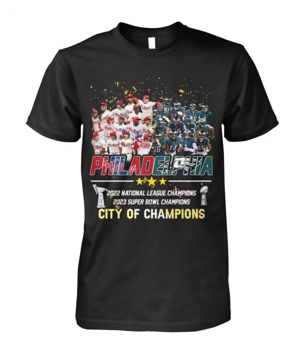 Philadelphia 2022 National League Champions 2023 Super Bowl Champions City Of Champions T-Shirt