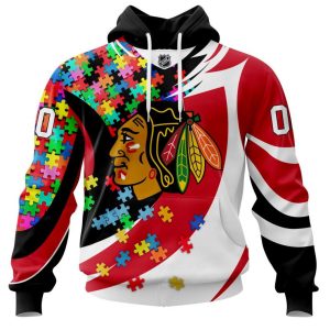NHL Chicago BlackHawks Autism Awareness Personalized Name & Number 3D Hoodie