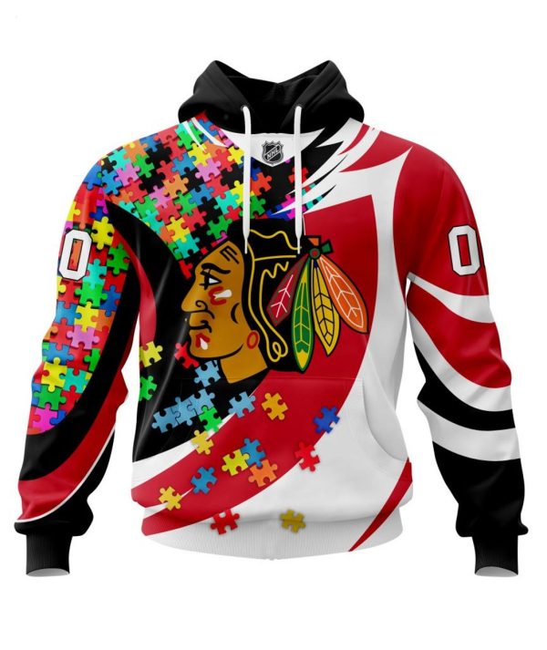 NHL Chicago BlackHawks Autism Awareness Personalized Name & Number 3D Hoodie