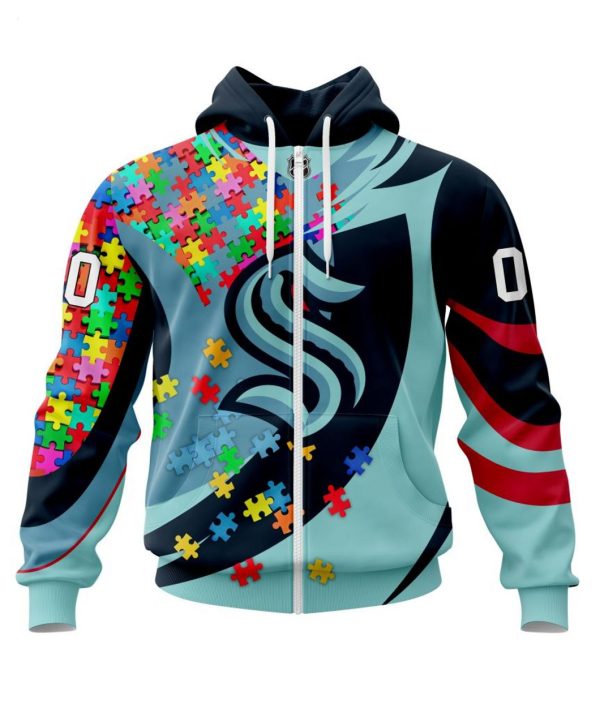 NHL Seattle Kraken Autism Awareness Personalized Name & Number 3D Hoodie