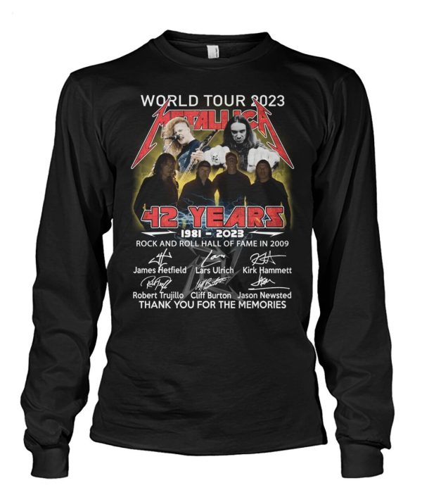 World Tour 2023 Metallica 42 Years 1981 – 2023 Rock And Roll Hall Of Fame In 2009 Thanh You For The Memories T-Shirt – Limited Edition