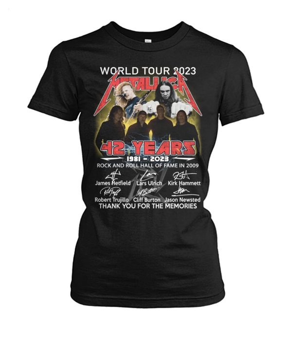 World Tour 2023 Metallica 42 Years 1981 – 2023 Rock And Roll Hall Of Fame In 2009 Thanh You For The Memories T-Shirt – Limited Edition