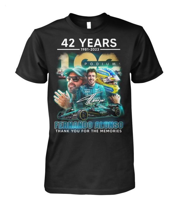 42 Years 1981 – 2023 Podiums Fernando Alonso Thank You For The Memories T-Shirt – Limited Edition