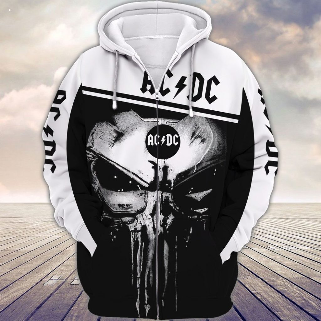 ACDC Rock Band Skull Black White TShirt Zip Hoodie Gift For Fans ...