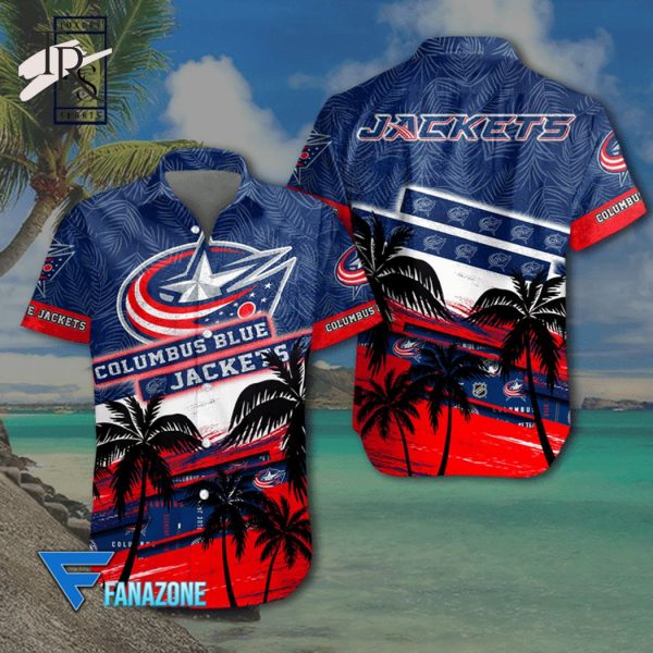 NHL Columbus Blue Jackets Coconut Tree Beach Aloha Shirt