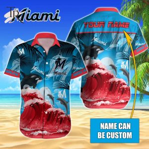 Custom Name MLB Miami Marlins Special Hawaiian Design Button Shirt
