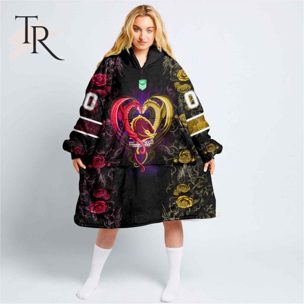 Custom Name And Number NRL Brisbane Broncos Rose Dragon Oodie Blanket Hoodie