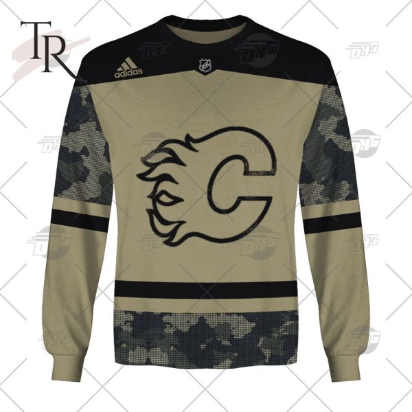 Personalized NHL Calgary Flames Camo Military Appreciation Team Authentic Custom Practice Jersey Hoodie 3D