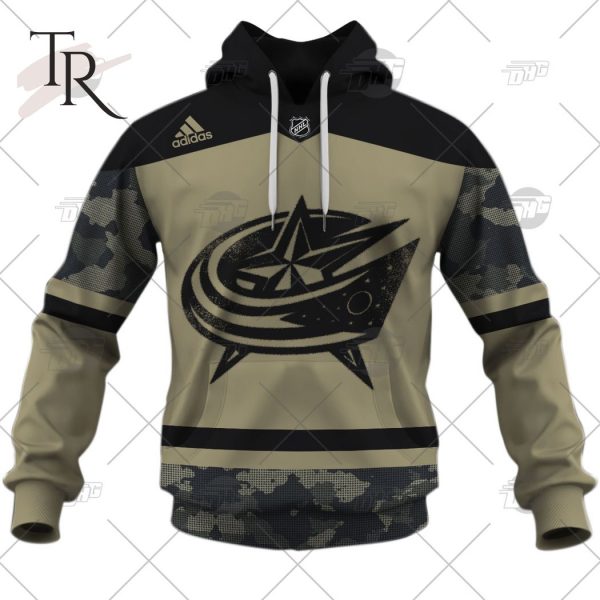 Personalized NHL Columbus Blue Jackets Camo Military Appreciation Team Authentic Custom Practice Jersey Hoodie 3D