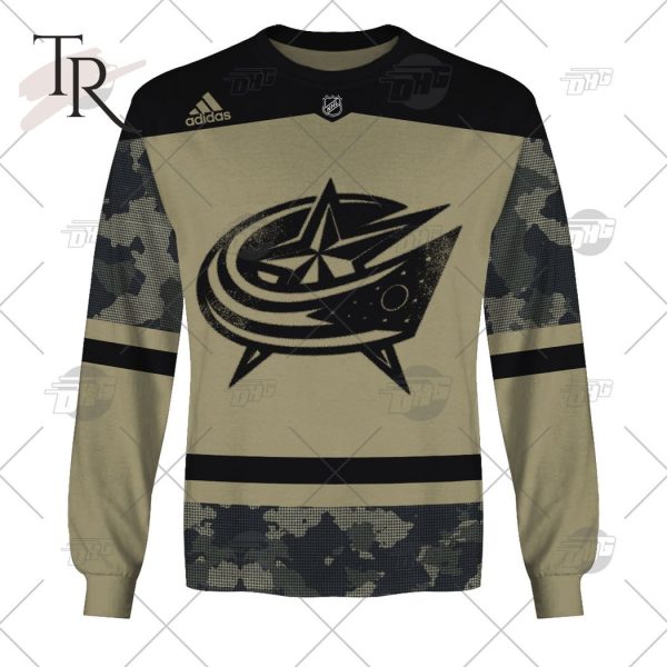 Personalized NHL Columbus Blue Jackets Camo Military Appreciation Team Authentic Custom Practice Jersey Hoodie 3D