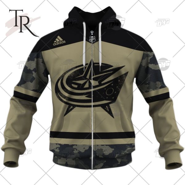 Personalized NHL Columbus Blue Jackets Camo Military Appreciation Team Authentic Custom Practice Jersey Hoodie 3D