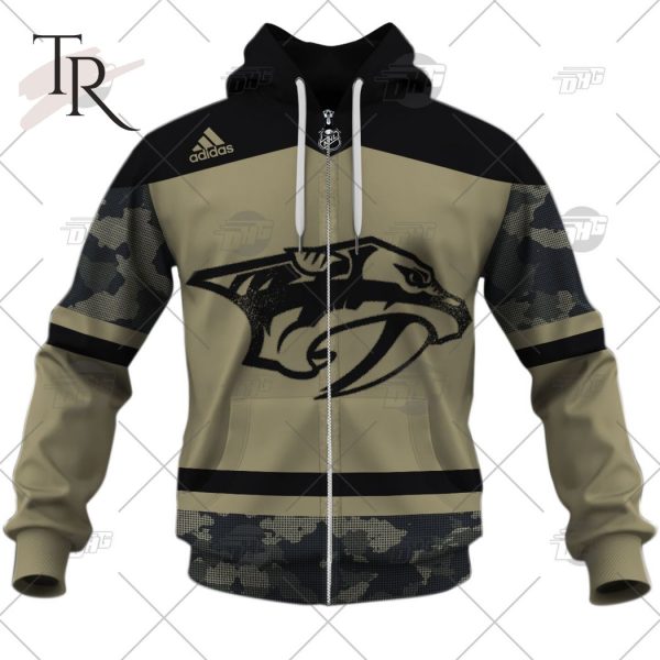 Personalized NHL Nashville Predators Camo Military Appreciation Team Authentic Custom Practice Jersey Hoodie 3D