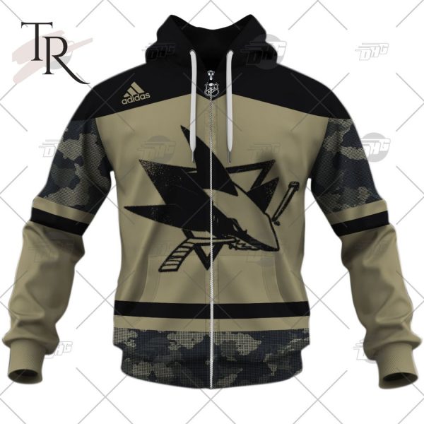 Personalized NHL San Jose Sharks Camo Military Appreciation Team Authentic Custom Practice Jersey Hoodie 3D