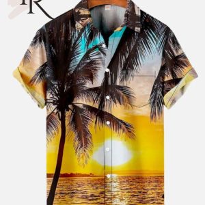 Summer Casual Holiday Sunset And Coconut Tree Print Hawaiian Shirt