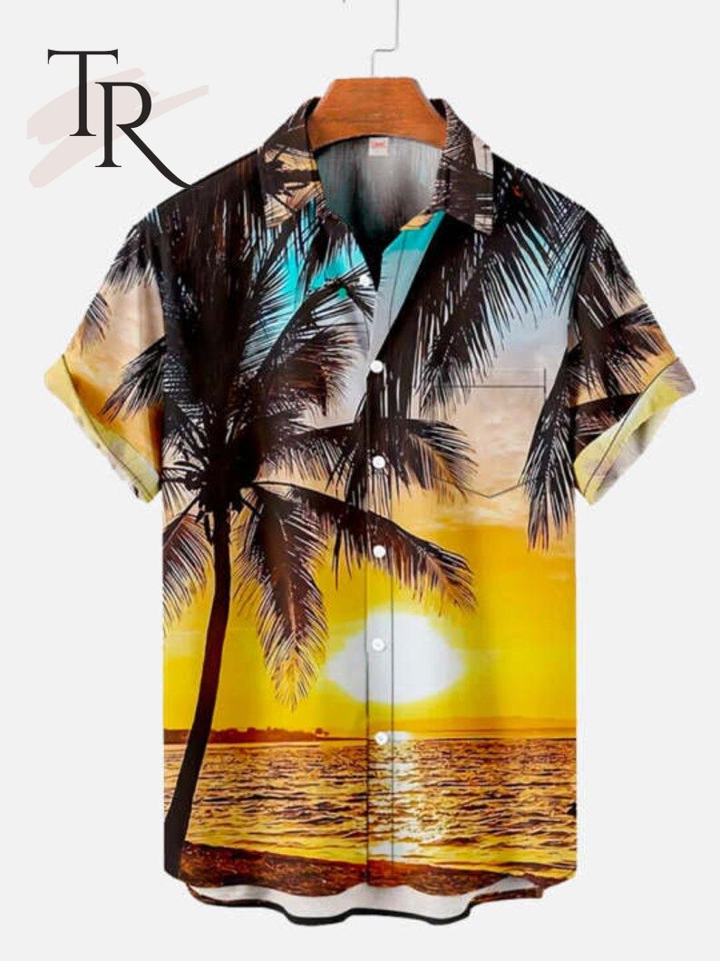 Summer Casual Holiday Sunset And Coconut Tree Print Hawaiian Shirt