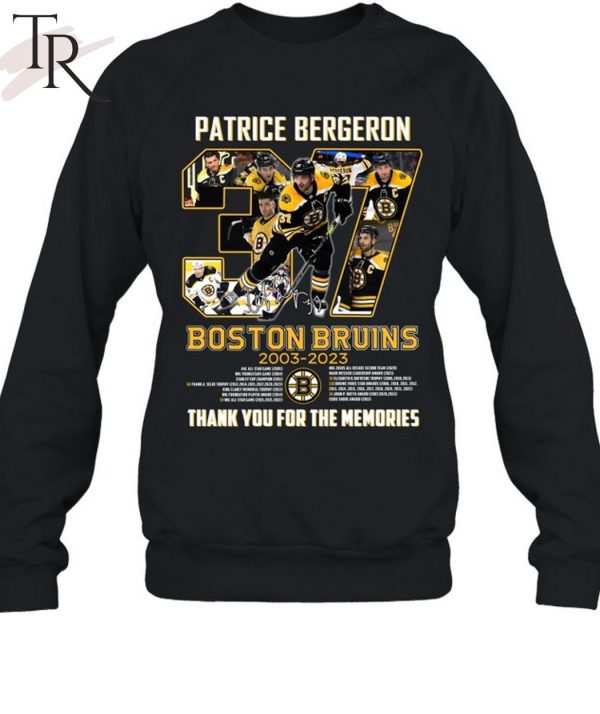 Boston Bruins 2003 – 2023  37 Patrice Bergeron Thank You For The Memories Unisex T-Shirt