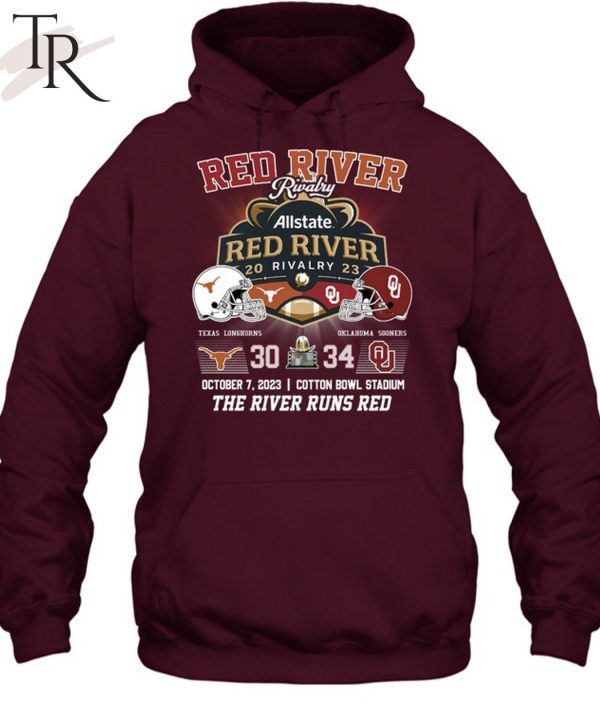 Allstate 2023 Red River Rivalry Oklahoma Sooners 34 October 7, 2023 Cotton Bowl Stadium The River Runs Red T-Shirt