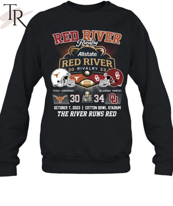 Allstate 2023 Red River Rivalry Oklahoma Sooners 34 October 7, 2023 Cotton Bowl Stadium The River Runs Red T-Shirt