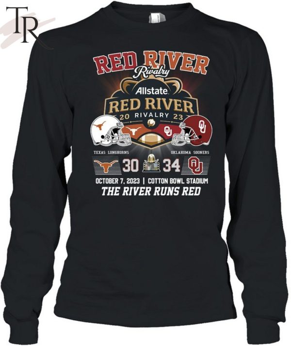 Allstate 2023 Red River Rivalry Oklahoma Sooners 34 October 7, 2023 Cotton Bowl Stadium The River Runs Red T-Shirt