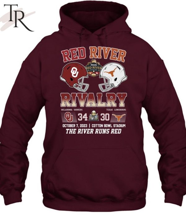 Red River Rivalry Oklahoma Sooners 34 Texas Longhorns 30 October 7, 2023 Cotton Bowl Stadium The River Runs Red T-Shirt