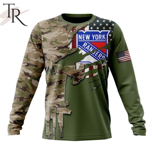 Custom Name And Number NHL New York Rangers Special Camo Skull Design Hoodie