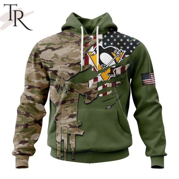 Custom Name And Number NHL Pittsburgh Penguins Special Camo Skull Design Hoodie