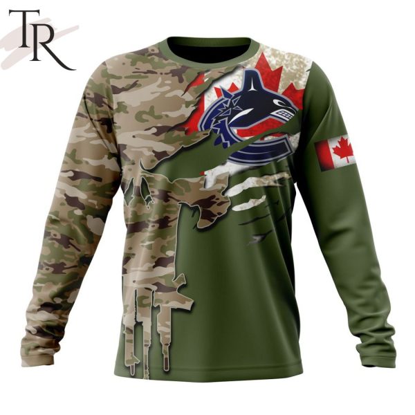 Custom Name And Number NHL Vancouver Canucks Special Camo Skull Design Hoodie