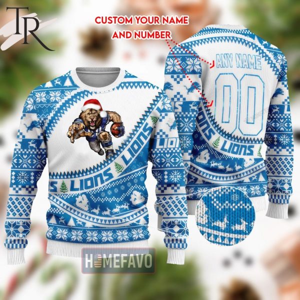 NFL Detroit Lions Mascot Woolen Custom Name Christmas Full Print Sweater