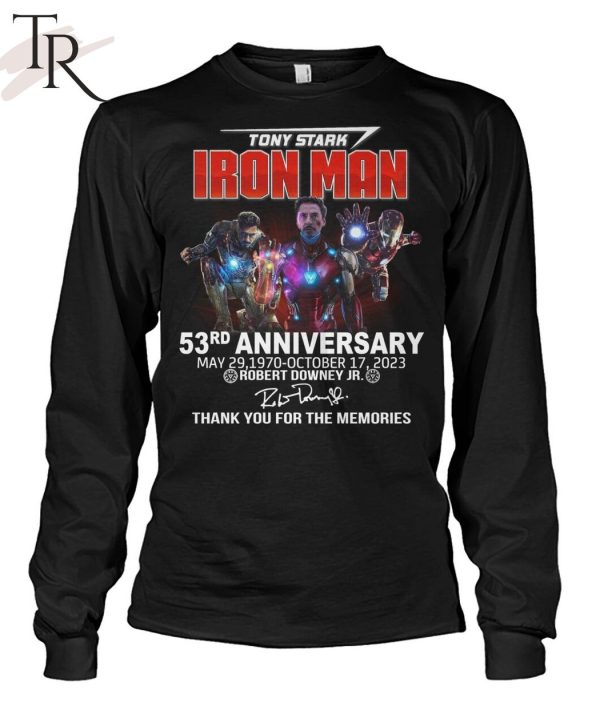 Tony Stark Iron Man 53rd Anniversary May 29, 1970 October 17, 2023 Robert Downey Jr Thank You For The Memories T-Shirt