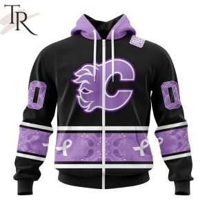 NHL Calgary Flames Special Black And Lavender Hockey Fight Cancer Design Personalized Hoodie