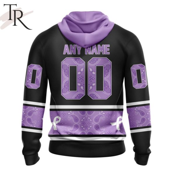 NHL Calgary Flames Special Black And Lavender Hockey Fight Cancer Design Personalized Hoodie