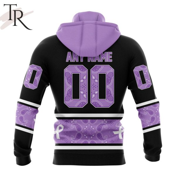 NHL Calgary Flames Special Black And Lavender Hockey Fight Cancer Design Personalized Hoodie