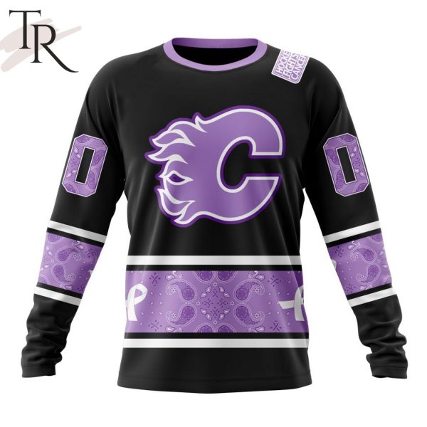 NHL Calgary Flames Special Black And Lavender Hockey Fight Cancer Design Personalized Hoodie