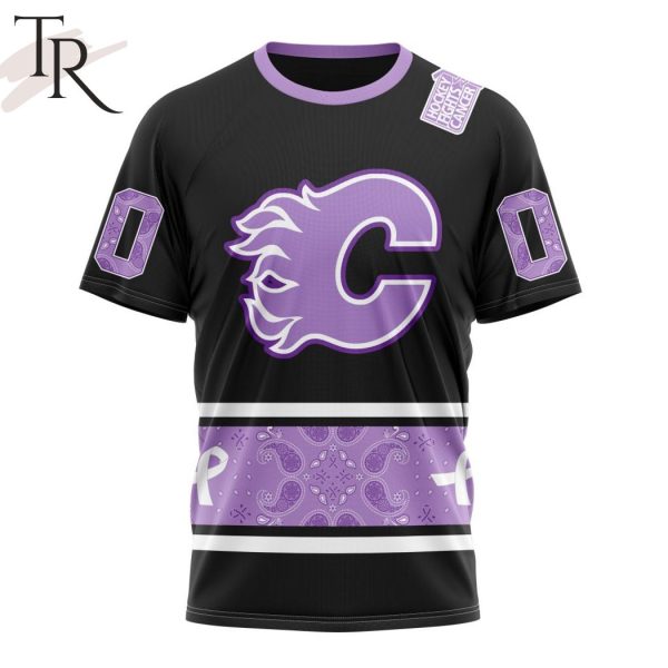 NHL Calgary Flames Special Black And Lavender Hockey Fight Cancer Design Personalized Hoodie