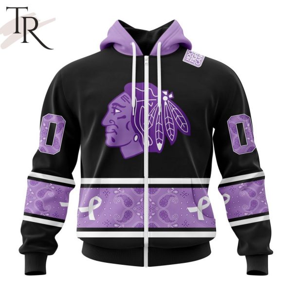 NHL Chicago Blackhawks Special Black And Lavender Hockey Fight Cancer Design Personalized Hoodie