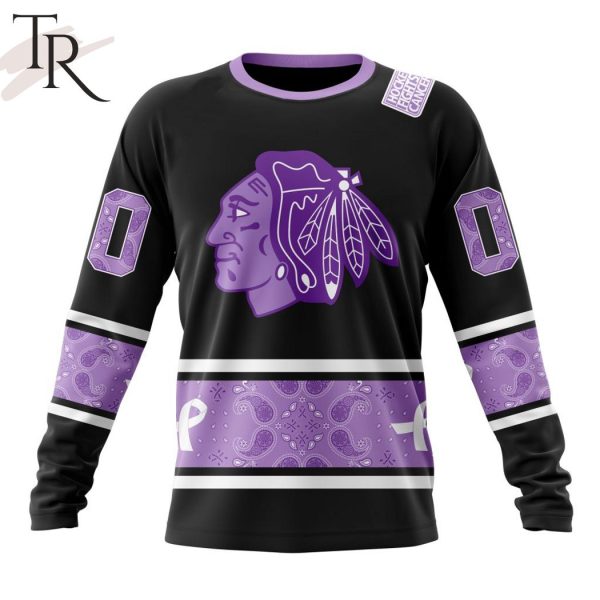 NHL Chicago Blackhawks Special Black And Lavender Hockey Fight Cancer Design Personalized Hoodie