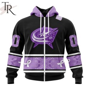 NHL Columbus Blue Jackets Special Black And Lavender Hockey Fight Cancer Design Personalized Hoodie