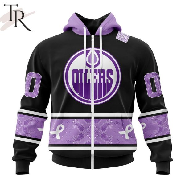 NHL Edmonton Oilers Special Black And Lavender Hockey Fight Cancer Design Personalized Hoodie