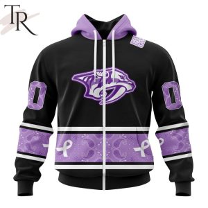 NHL Nashville Predators Special Black And Lavender Hockey Fight Cancer Design Personalized Hoodie