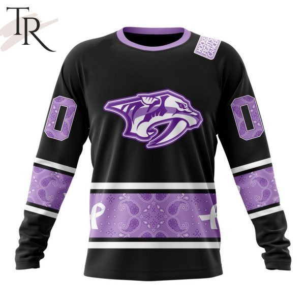 NHL Nashville Predators Special Black And Lavender Hockey Fight Cancer Design Personalized Hoodie