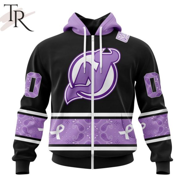 NHL New Jersey Devils Special Black And Lavender Hockey Fight Cancer Design Personalized Hoodie