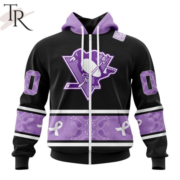 NHL Pittsburgh Penguins Special Black And Lavender Hockey Fight Cancer Design Personalized Hoodie