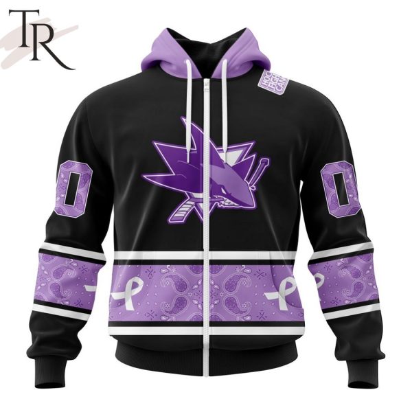 NHL San Jose Sharks Special Black And Lavender Hockey Fight Cancer Design Personalized Hoodie