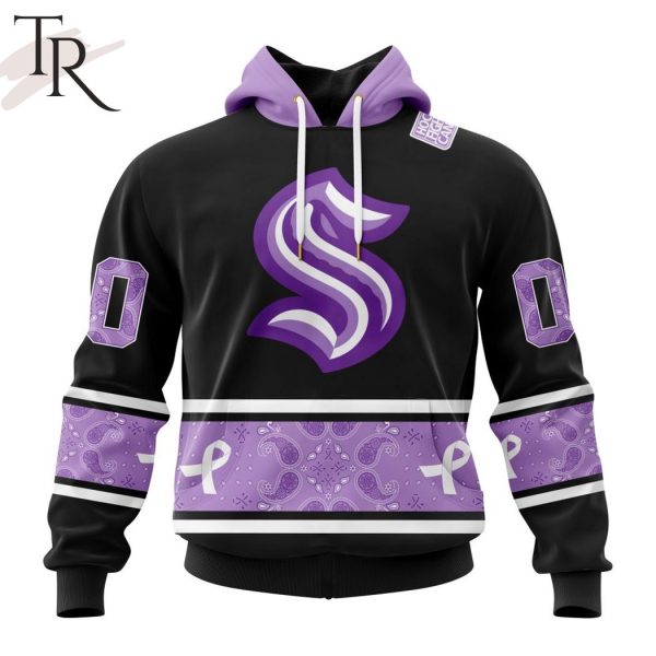 NHL Seattle Kraken Special Black And Lavender Hockey Fight Cancer Design Personalized Hoodie