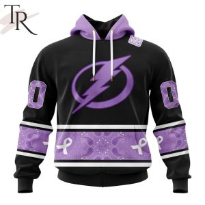 NHL Tampa Bay Lightning Special Black And Lavender Hockey Fight Cancer Design Personalized Hoodie
