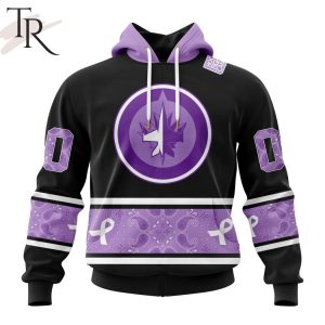 NHL Winnipeg Jets Special Black And Lavender Hockey Fight Cancer Design Personalized Hoodie