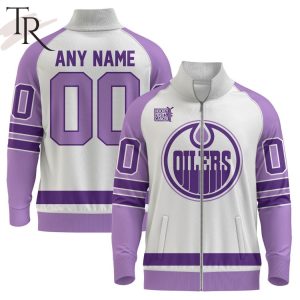 NHL Edmonton Oilers Special Hockey Fight Cancer Stand Collar Jacket