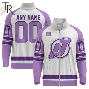 NHL New Jersey Devils Special Hockey Fight Cancer Stand Collar Jacket