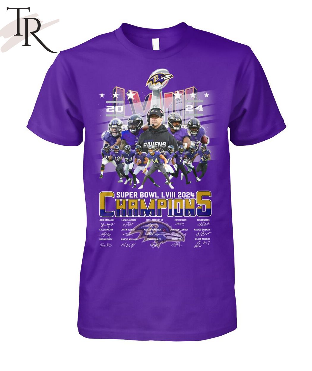 Baltimore Ravens Super Bowl LVIII 2024 Champions Signatures T-Shirt